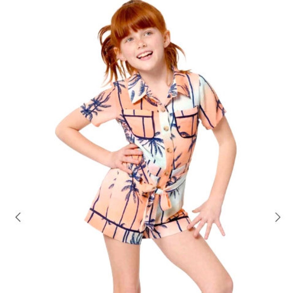 Hannah Banana Girls Palm Tree and Sunset Tropical Vacation Romper  7 8 16 NWT‎